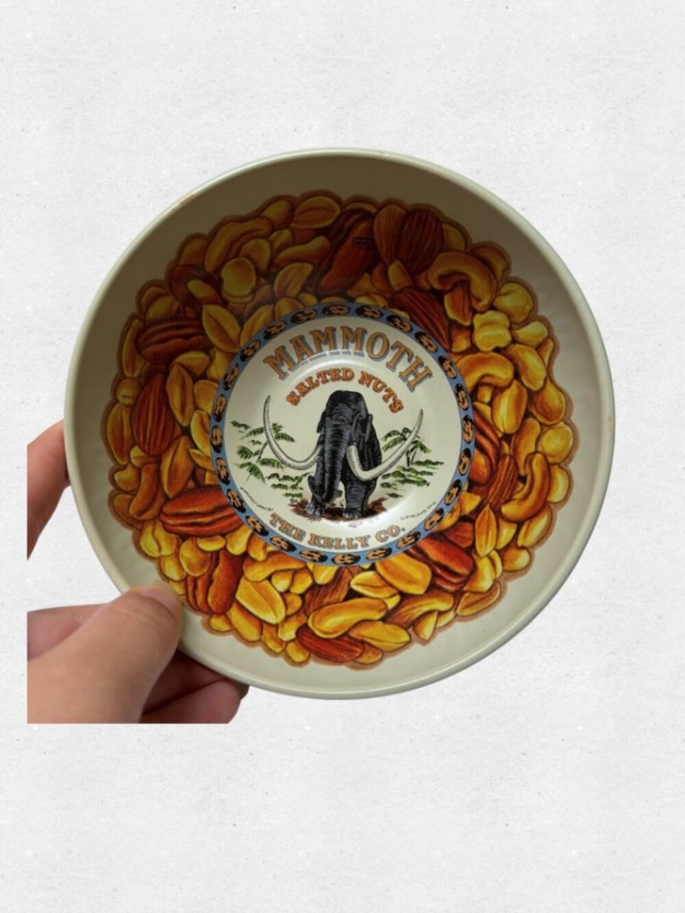 Vintage 70s Mammoth Salted Nuts Tin Litho Bowl Retro Circus Kitsch Kitchen MCM